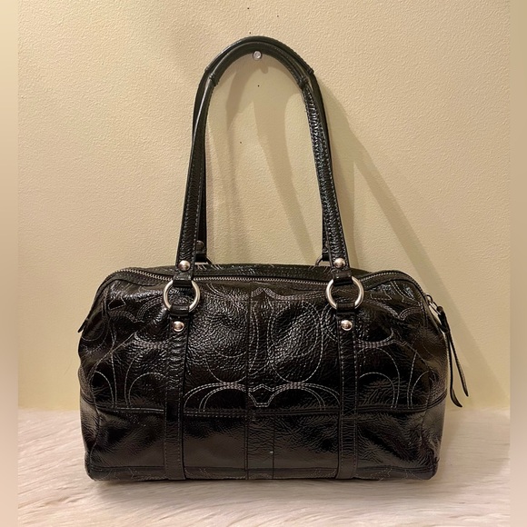 Coach Black Patent Leather Logo Signature C Stitch Double Handle Shoulder Bag - Picture 2 of 8